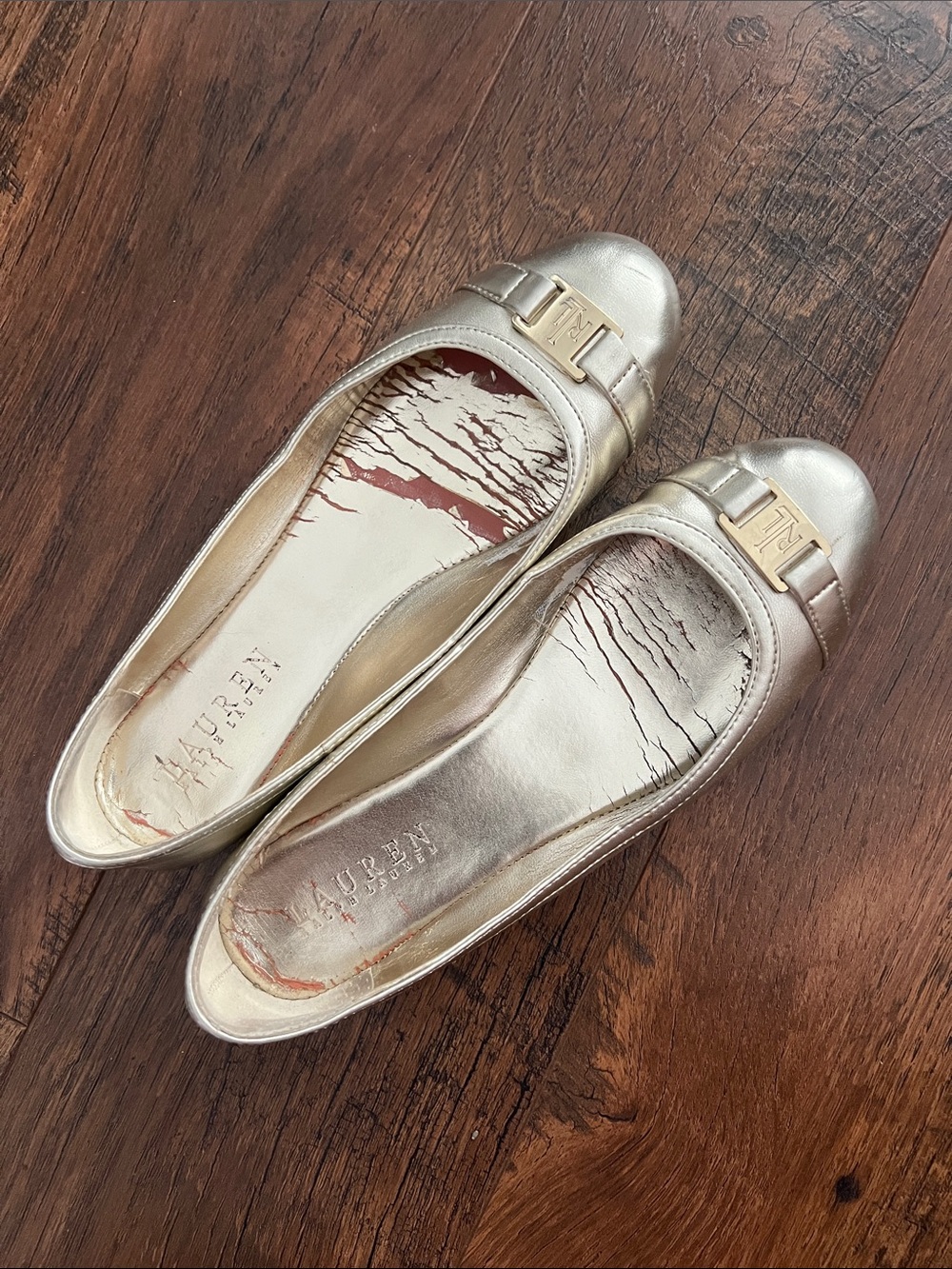 Lauren Ralph Lauren Pearl Gold Leather Ballet Flats with Logo Buckle